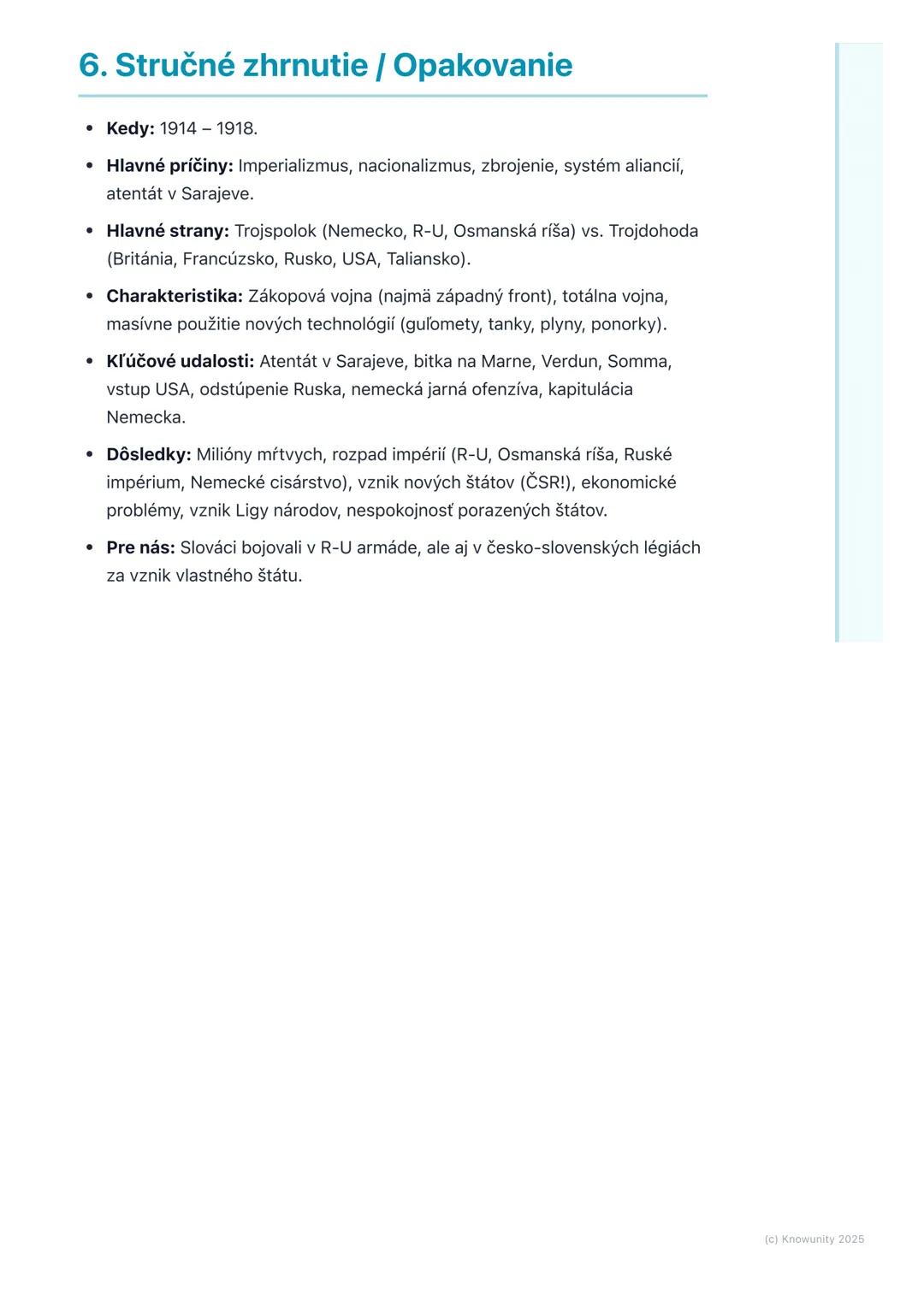 # Prvá svetová vojna

## 1. Prehľad prvej svetovej vojny

Prvá svetová vojna (skrátene P.S.V.) bola obrovský globálny konflikt, ktorý
prebie