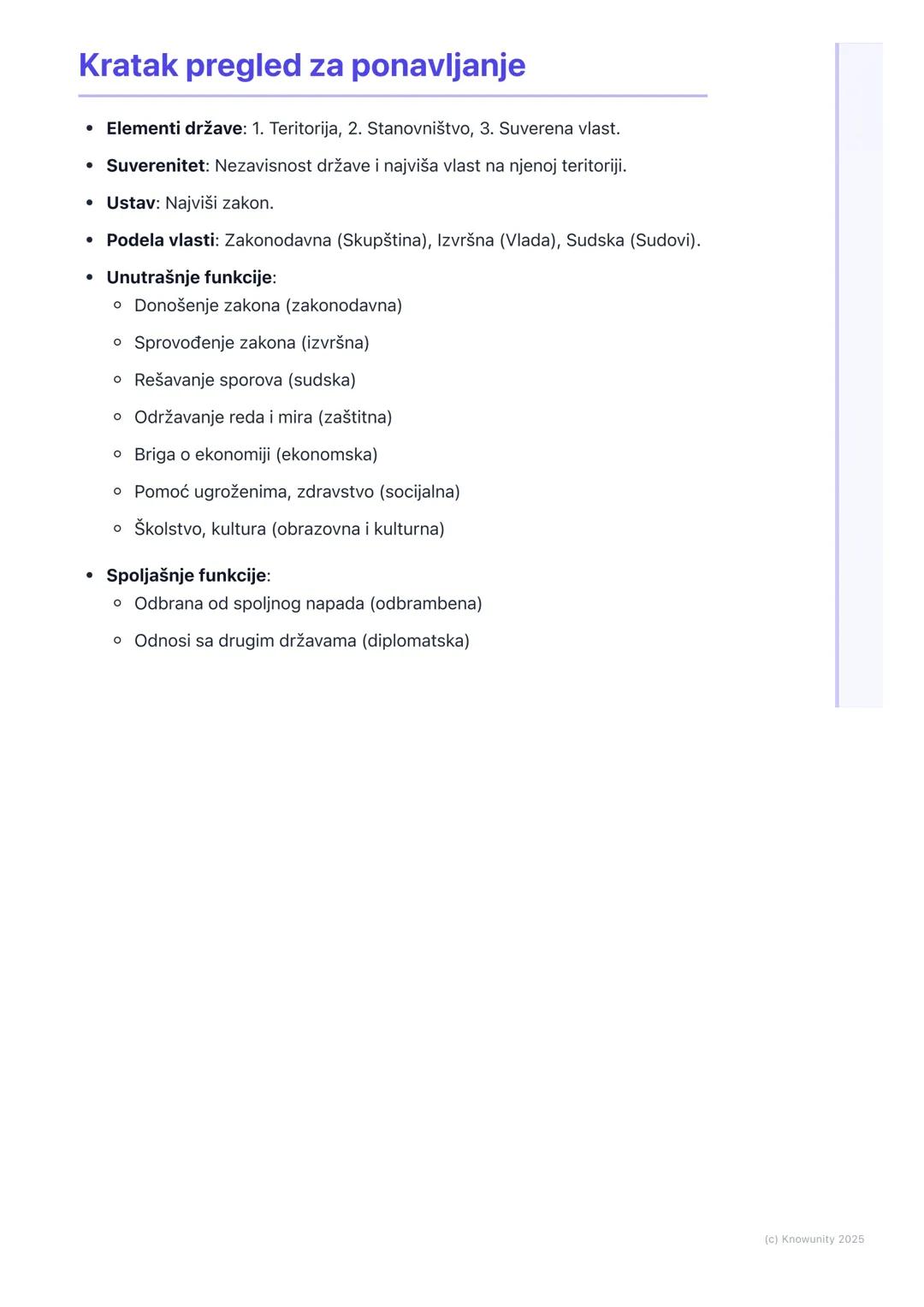 # Država i njene funkcije

## Šta je država?

Država je najvažnija politička organizacija društva. Ona ima vlast na određenoj
teritoriji i n