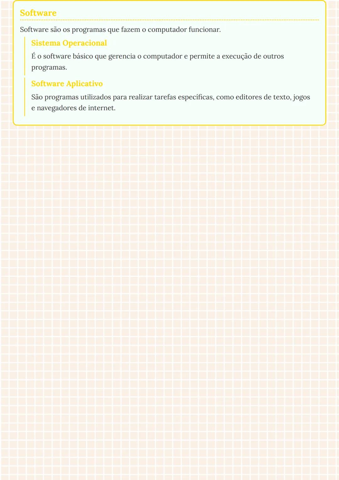# Hardware e Software do Computador

Hardware

Hardware refere-se aos componentes físicos de um computador. Podem ser classificados em
difer