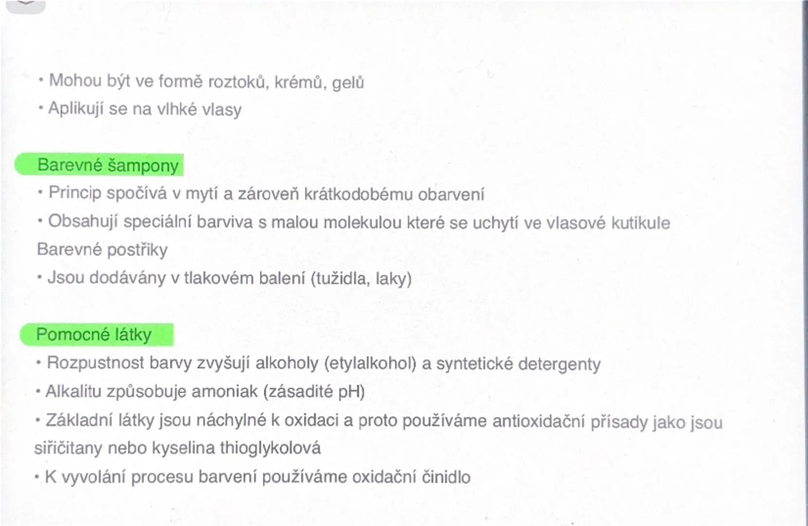 # Barvení

## Princip

- Působením amoniaku se otevírají šupinky kutikuly a usnadňuje se průnik do vlasového
kortexu
- Působením H2O2 neboli
