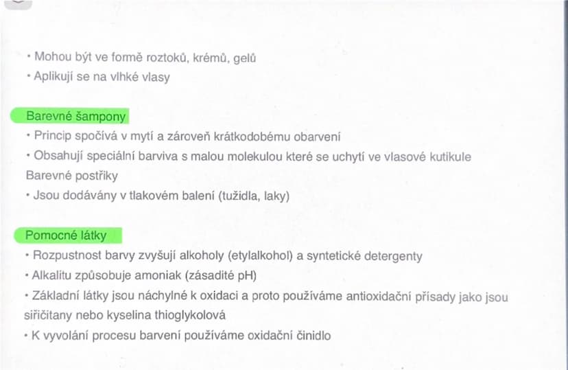 # Barvení

## Princip

- Působením amoniaku se otevírají šupinky kutikuly a usnadňuje se průnik do vlasového
kortexu
- Působením H2O2 neboli