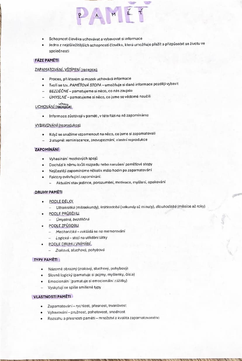 --- OCR Start ---
PAMET
Schopnost člověka uchovávat a vybavovat si informace
Jedna z nejdůležitějších schopností člověka, která umožňuje pře