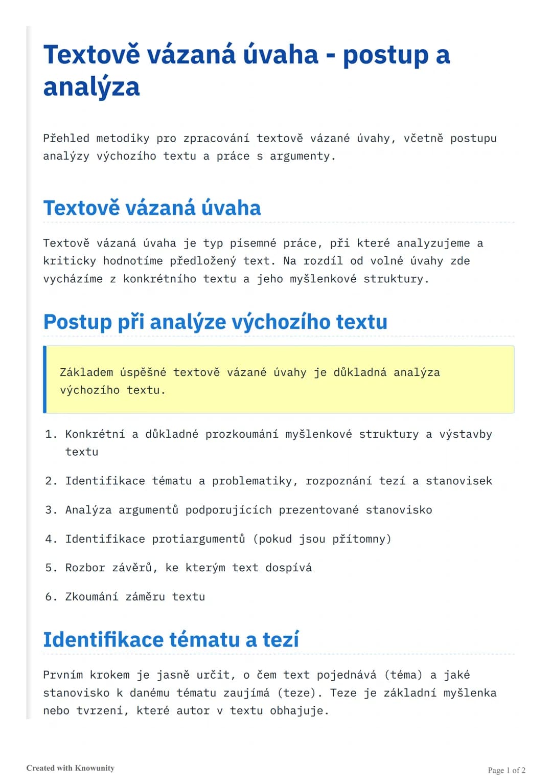# Textově vázaná úvaha - postup a
analýza

Přehled metodiky pro zpracování textově vázané úvahy, včetně postupu
analýzy výchozího textu a pr