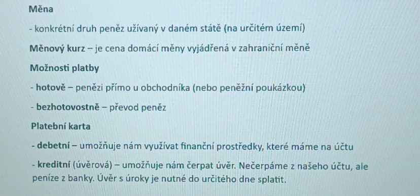 # Peníze

## Historie peněz:

1. naturální výměna (barterový obchod) – zboží za zboží
2. zbožové peníze – určitý druh zboží, které bylo všeo