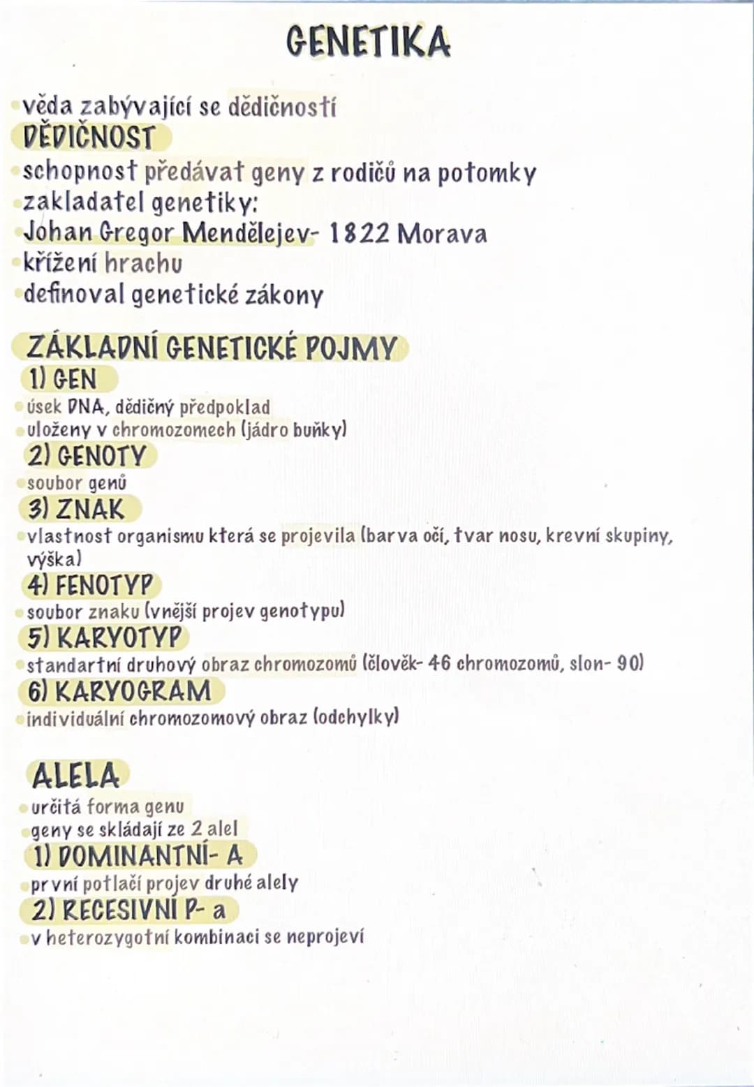 --- OCR Start ---
GENETIKA
⚫věda zabývající se dědičností
DĚDIČNOST
schopnost předávat geny z rodičů na potomky
zakladatel genetiky:
Johan G