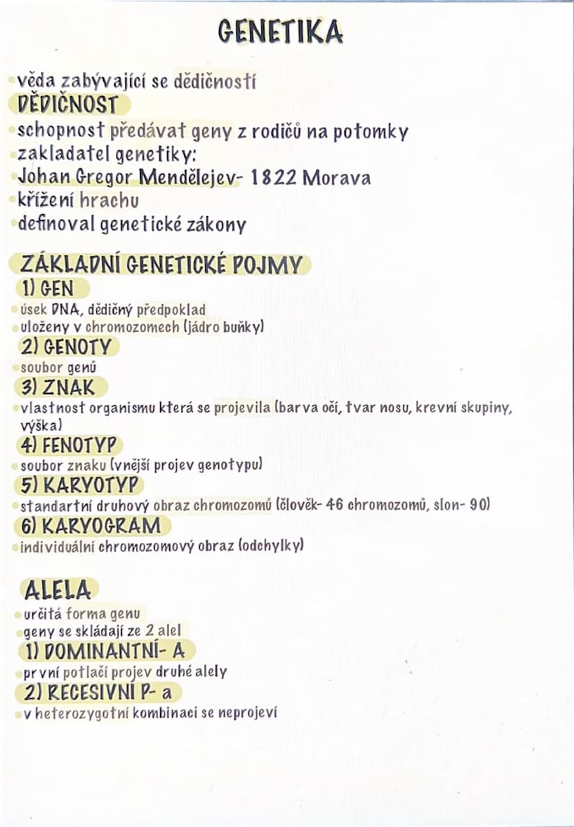 --- OCR Start ---
GENETIKA
⚫věda zabývající se dědičností
DĚDIČNOST
schopnost předávat geny z rodičů na potomky
zakladatel genetiky:
Johan G