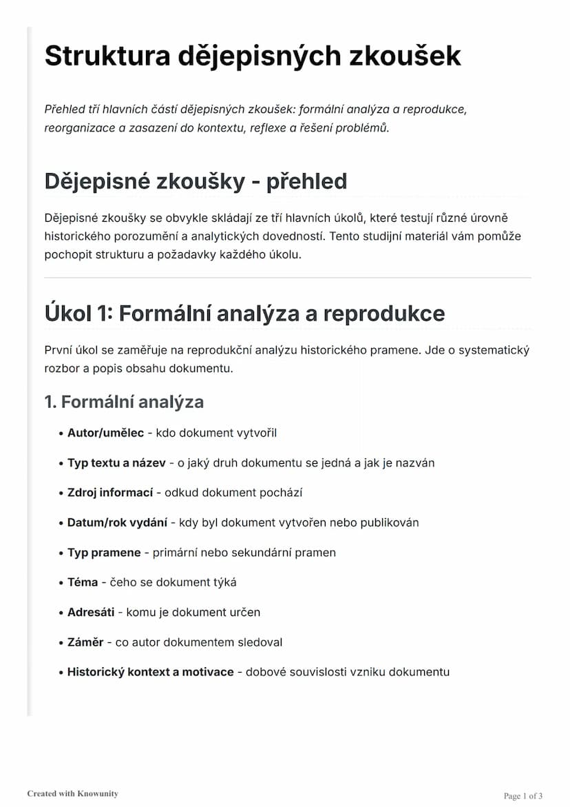 # Struktura dějepisných zkoušek

Přehled tří hlavních částí dějepisných zkoušek: formální analýza a reprodukce,
reorganizace a zasazení do k