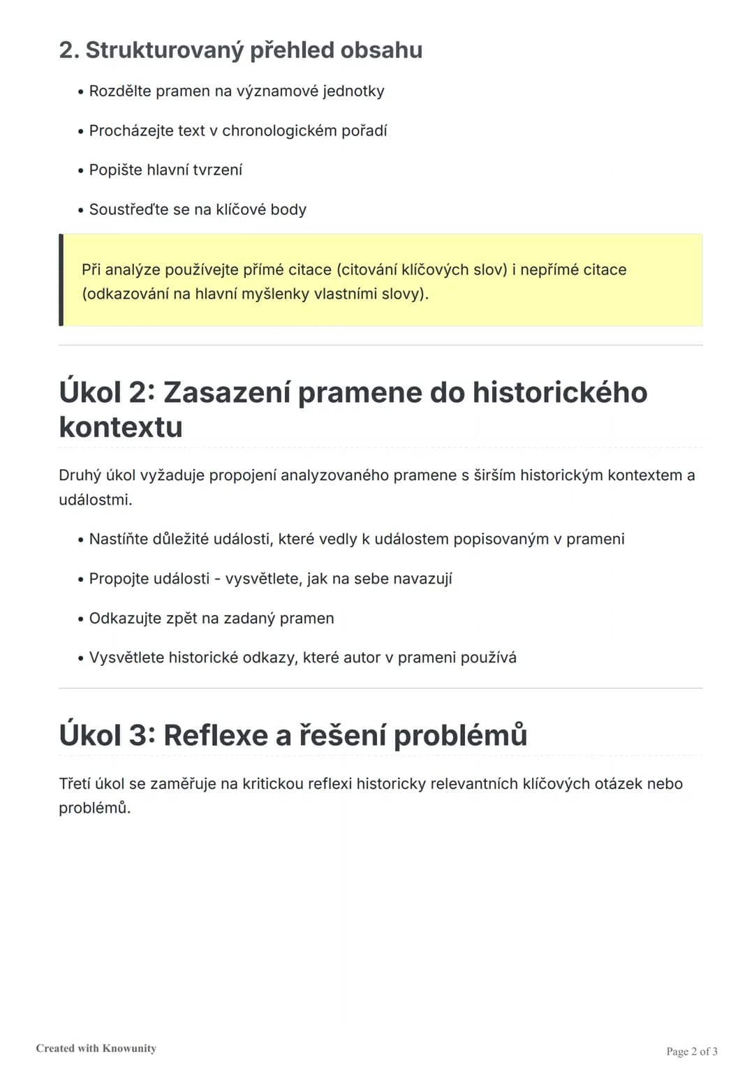 # Struktura dějepisných zkoušek

Přehled tří hlavních částí dějepisných zkoušek: formální analýza a reprodukce,
reorganizace a zasazení do k
