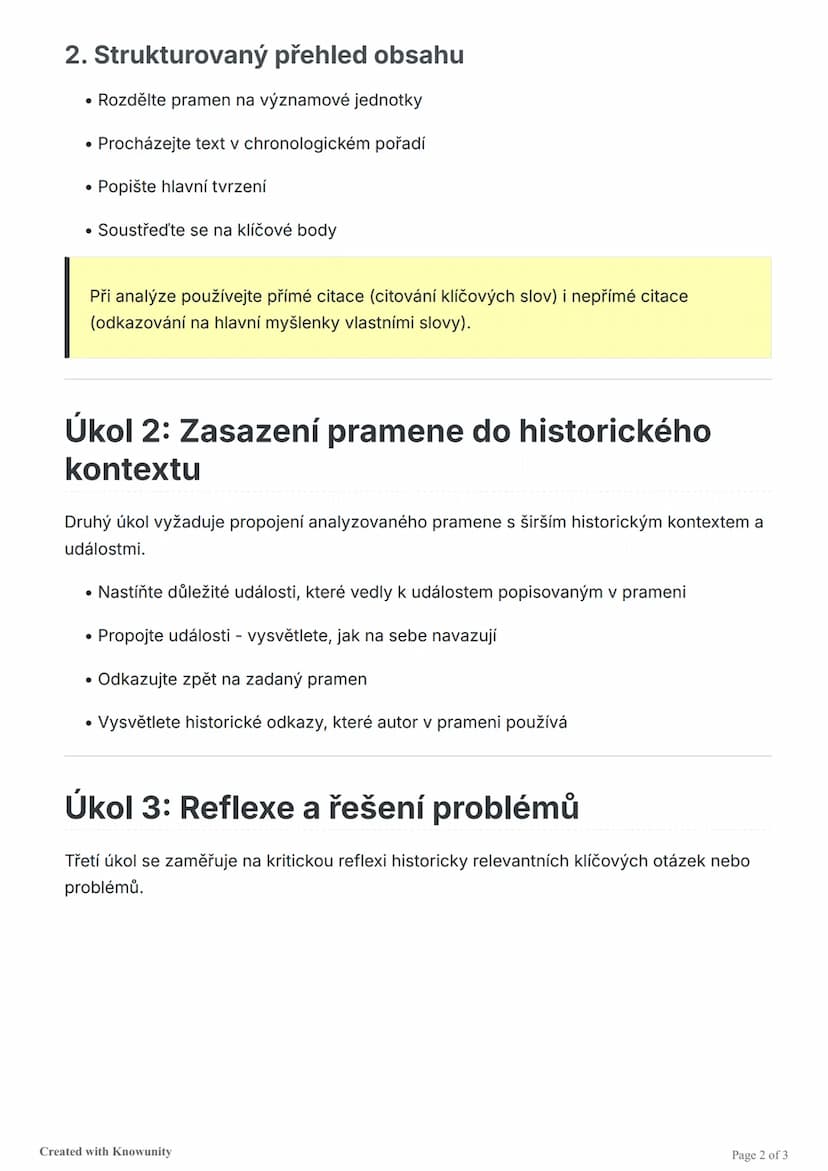 # Struktura dějepisných zkoušek

Přehled tří hlavních částí dějepisných zkoušek: formální analýza a reprodukce,
reorganizace a zasazení do k