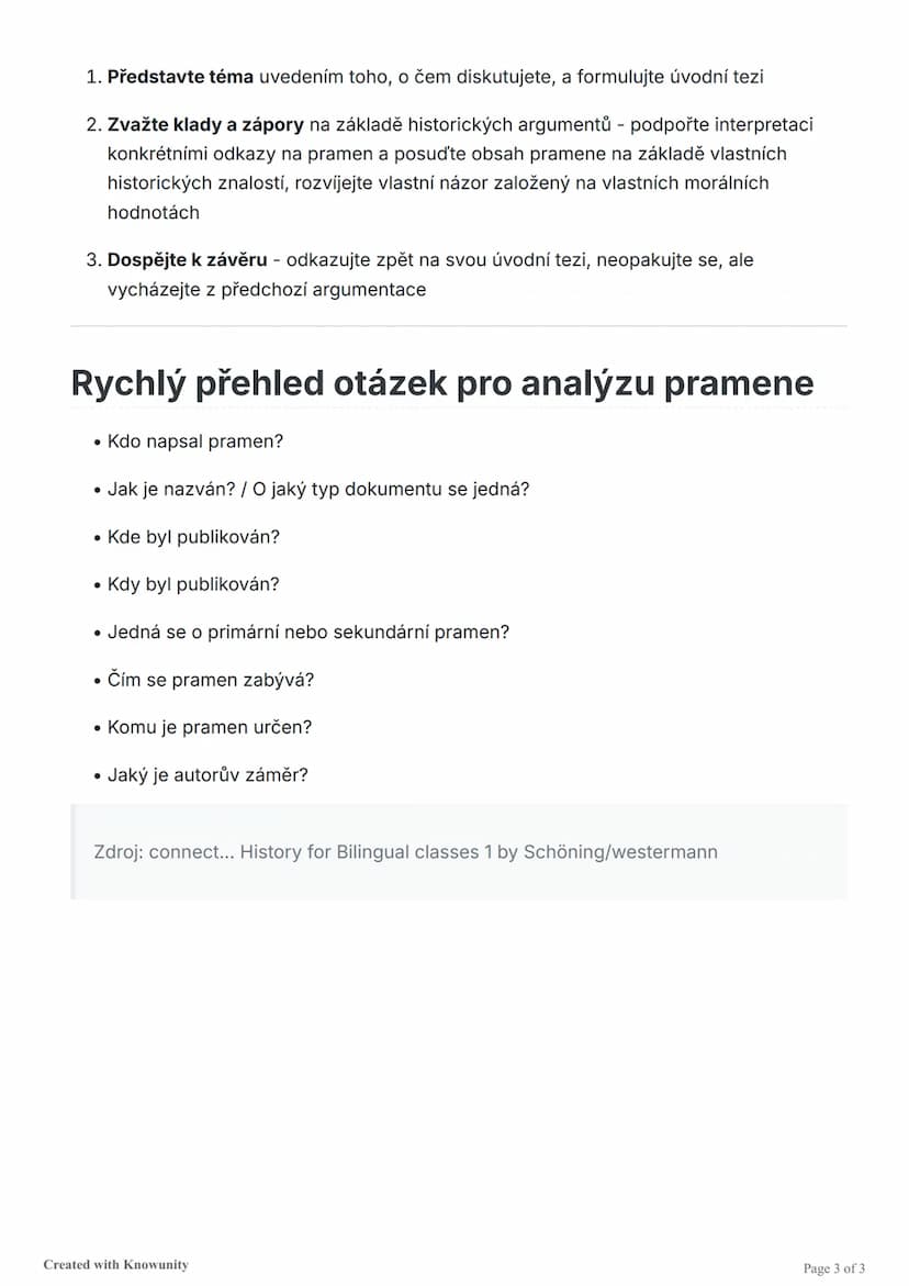 # Struktura dějepisných zkoušek

Přehled tří hlavních částí dějepisných zkoušek: formální analýza a reprodukce,
reorganizace a zasazení do k