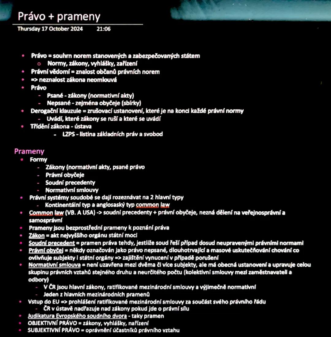 Právo + prameny
Thursday 17 October 2024 21:06
Právo = souhrn norem stanovených a zabezpečovaných státem
• Normy, zákony, vyhlášky, zařízení