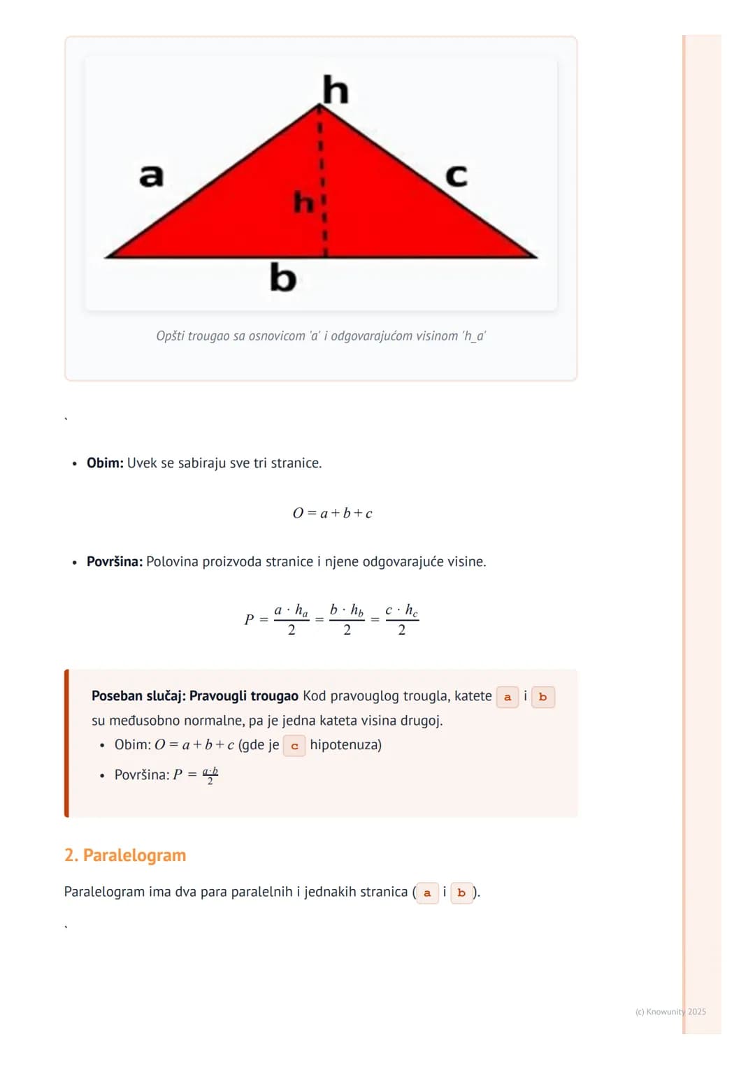 # Obim i površina trougla i
četvorougla

Uvod i podsećanje

Obim i površina su osnovne veličine za opisivanje geometrijskih figura. Obim je 