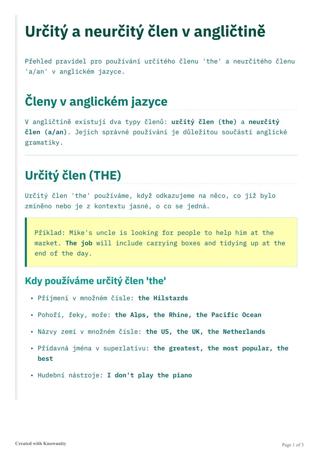 Určitý a neurčitý člen v angličtině