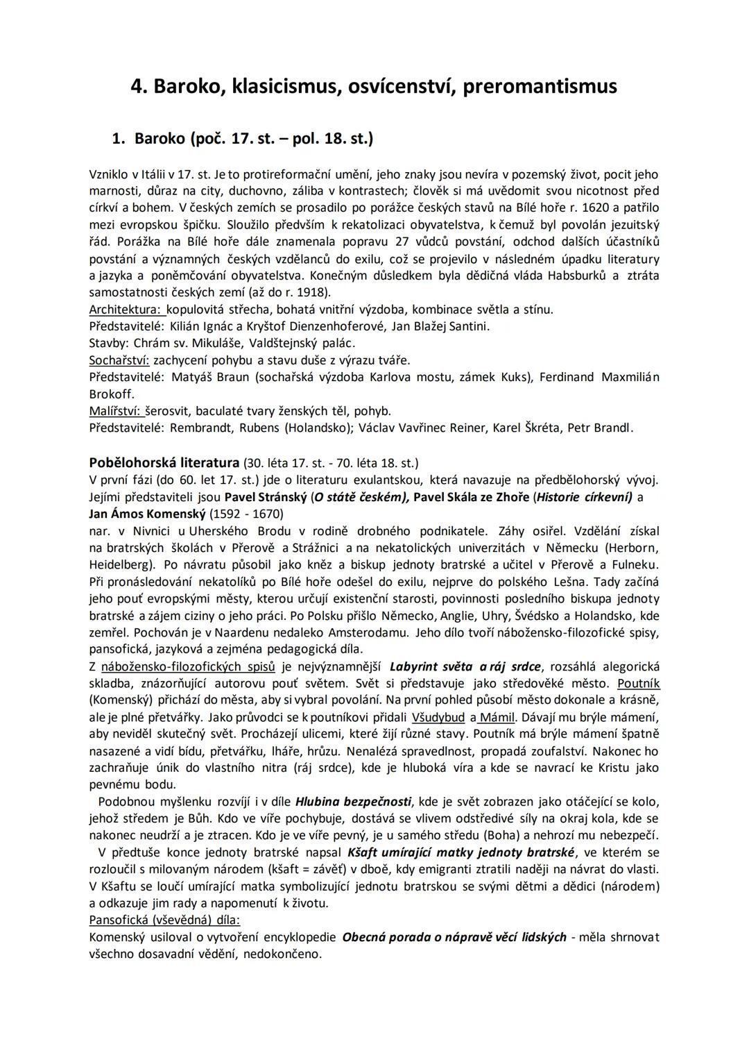 4. Baroko, klasicismus, osvícenství, preromantismus
1. Baroko (poč. 17. st. - pol. 18. st.)
Vzniklo v Itálii v 17. st. Je to protireformační