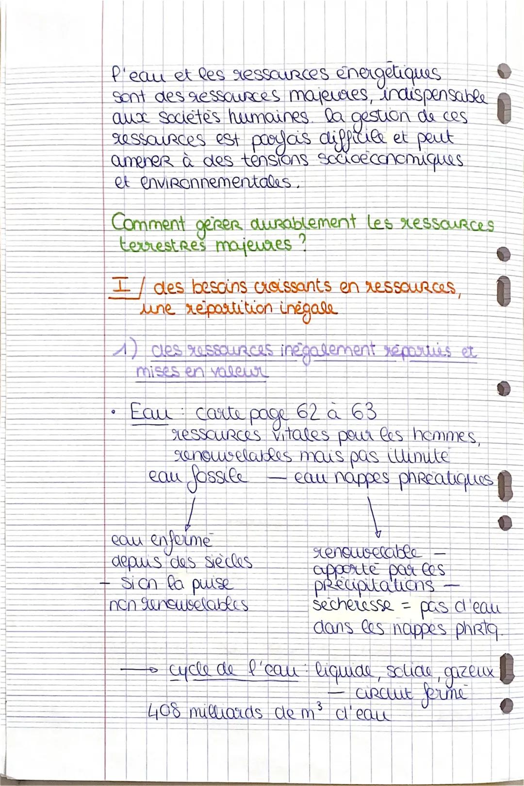 # Géo: thème 1

COURS 1

→ sociétés et environnement :
des équilibres fragiles

chapitre 2: des ressources majeures sous
pression: tensions,