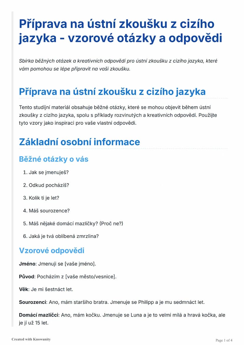 # Příprava na ústní zkoušku z cizího
jazyka - vzorové otázky a odpovědi

Sbírka běžných otázek a kreativních odpovědí pro ústní zkoušku z ci