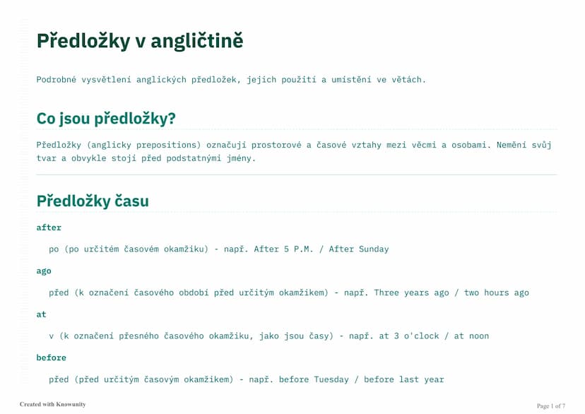 # Předložky v angličtině

Podrobné vysvětlení anglických předložek, jejich použití a umístění ve větách.

# Co jsou předložky?

Předložky (a