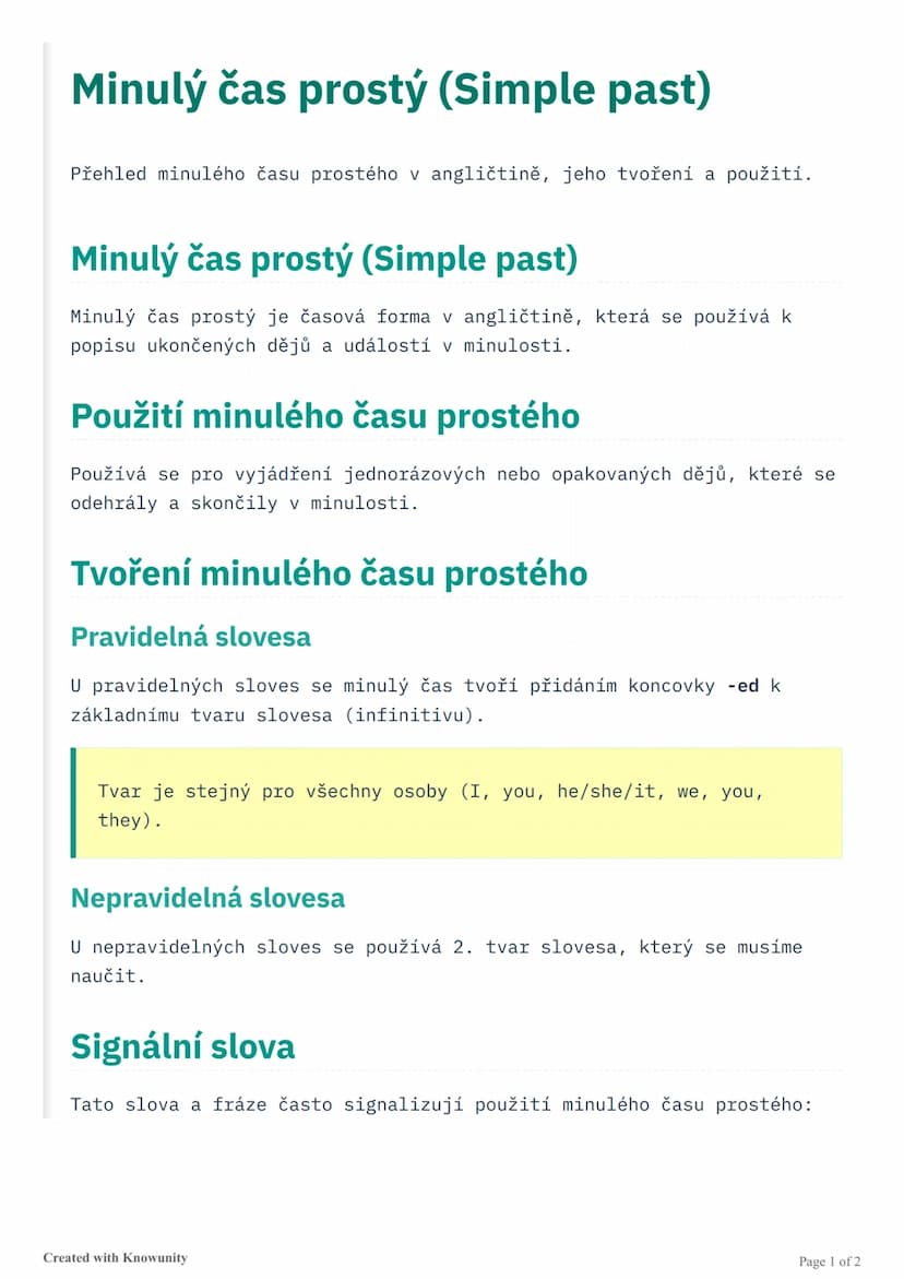 # Minulý čas prostý (Simple past)

Přehled minulého času prostého v angličtině, jeho tvoření a použití.

# Minulý čas prostý (Simple past)
M