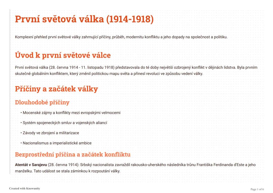 První světová válka: Příčiny, průběh a důsledky (1914–1918)