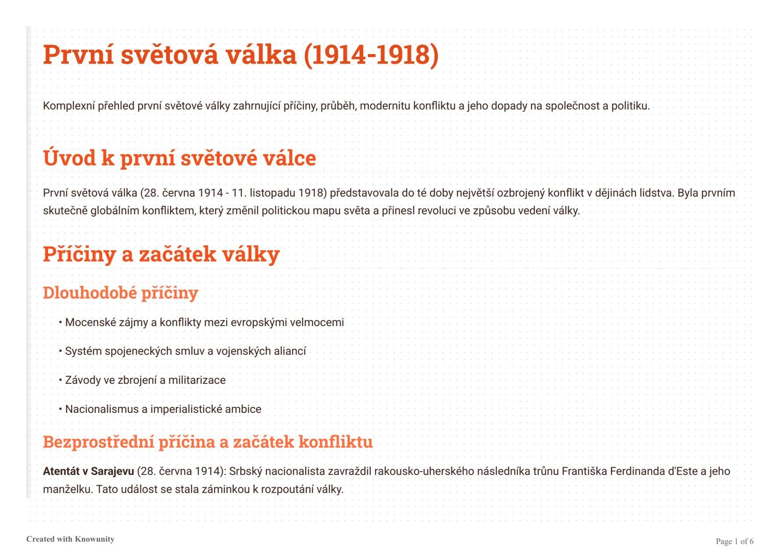 První světová válka (1914-1918)
Komplexní přehled první světové války zahrnující příčiny, průběh, modernitu konfliktu a jeho dopady na spole