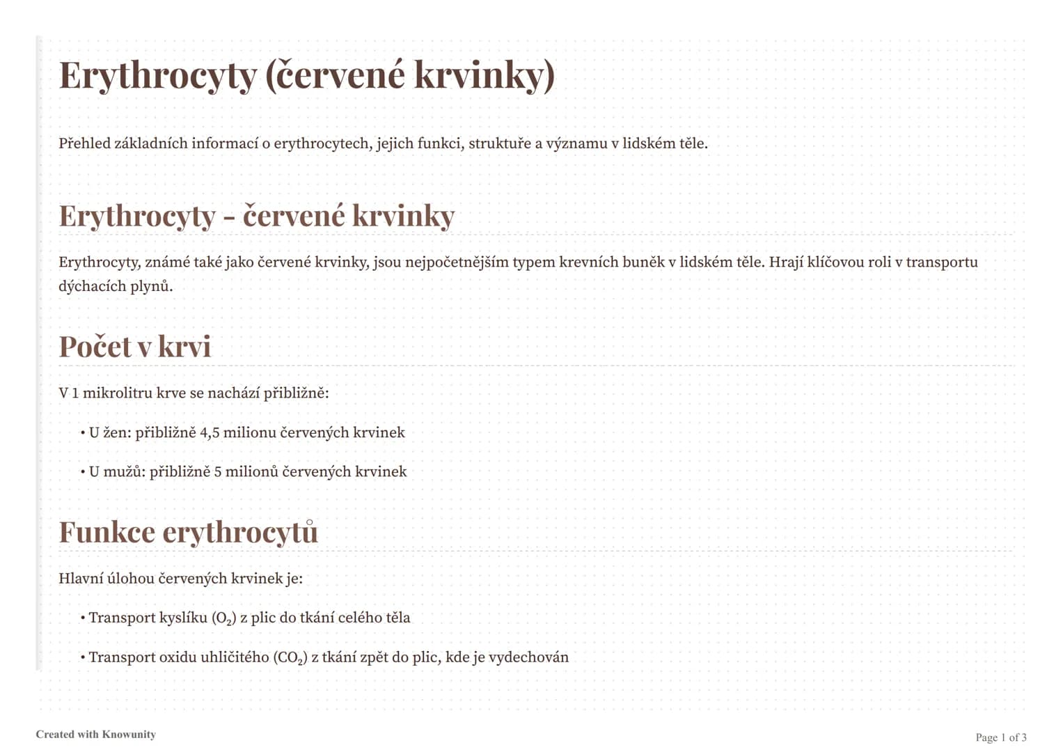 --- OCR Start ---
Erythrocyty (červené krvinky)
Přehled základních informací o erythrocytech, jejich funkci, struktuře a významu v lidském t