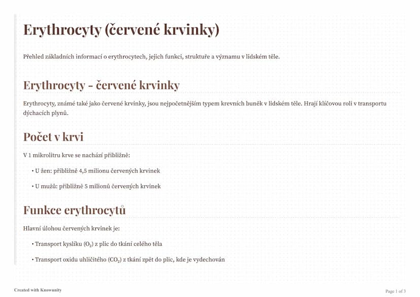 --- OCR Start ---
Erythrocyty (červené krvinky)
Přehled základních informací o erythrocytech, jejich funkci, struktuře a významu v lidském t