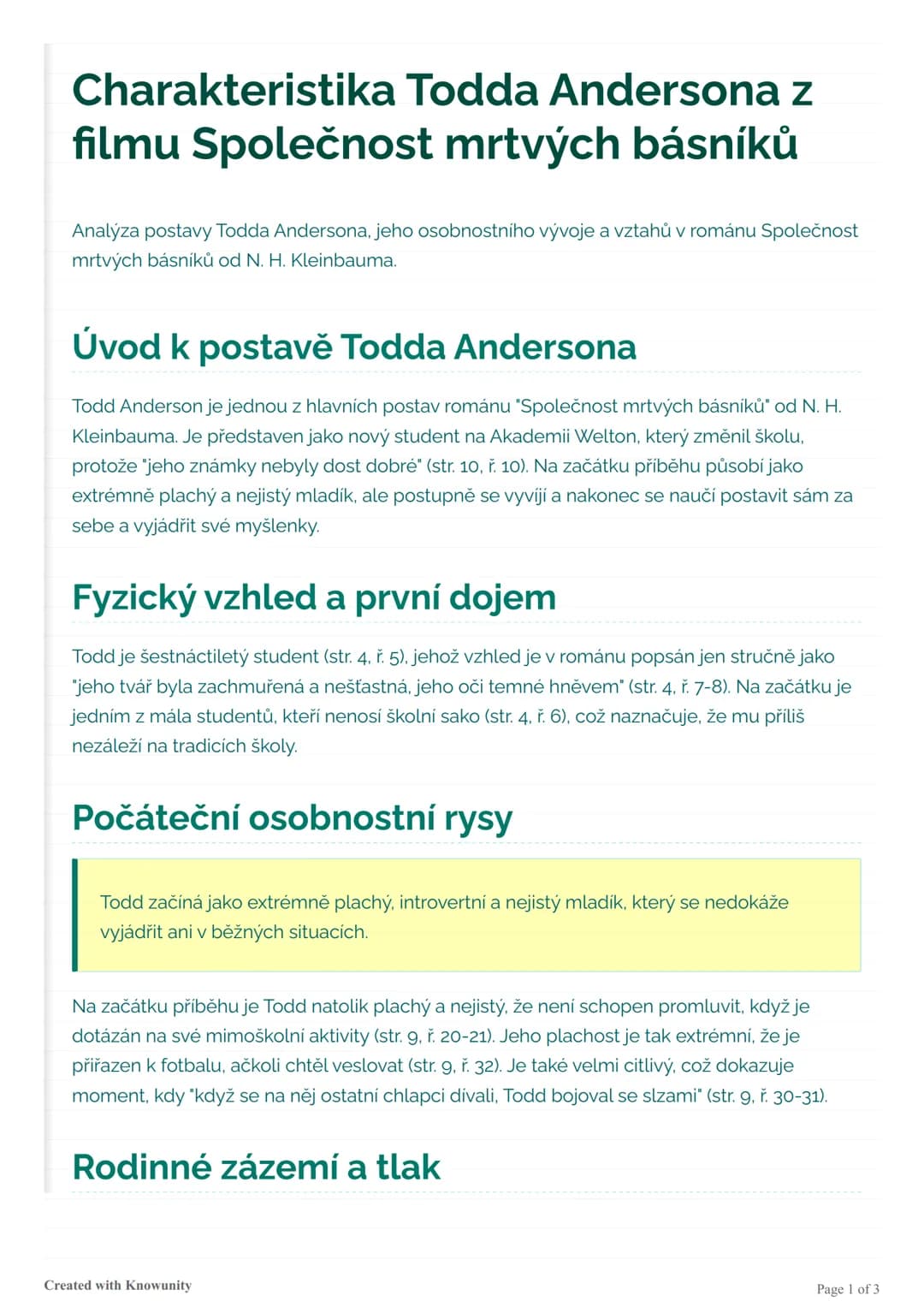 # Charakteristika Todda Andersona z
filmu Společnost mrtvých básníků
Analýza postavy Todda Andersona, jeho osobnostního vývoje a vztahů v ro