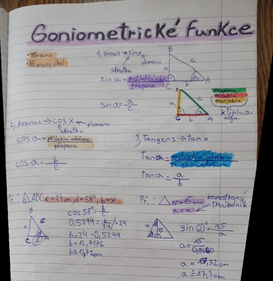 Goniometrické funkce

• Stranu
• Nepravý úhel

1, Sinus $\rightarrow sin x$
$\uparrow$
$\text{skratka}$
$sin a = \frac{\text{Protilehlá odvě