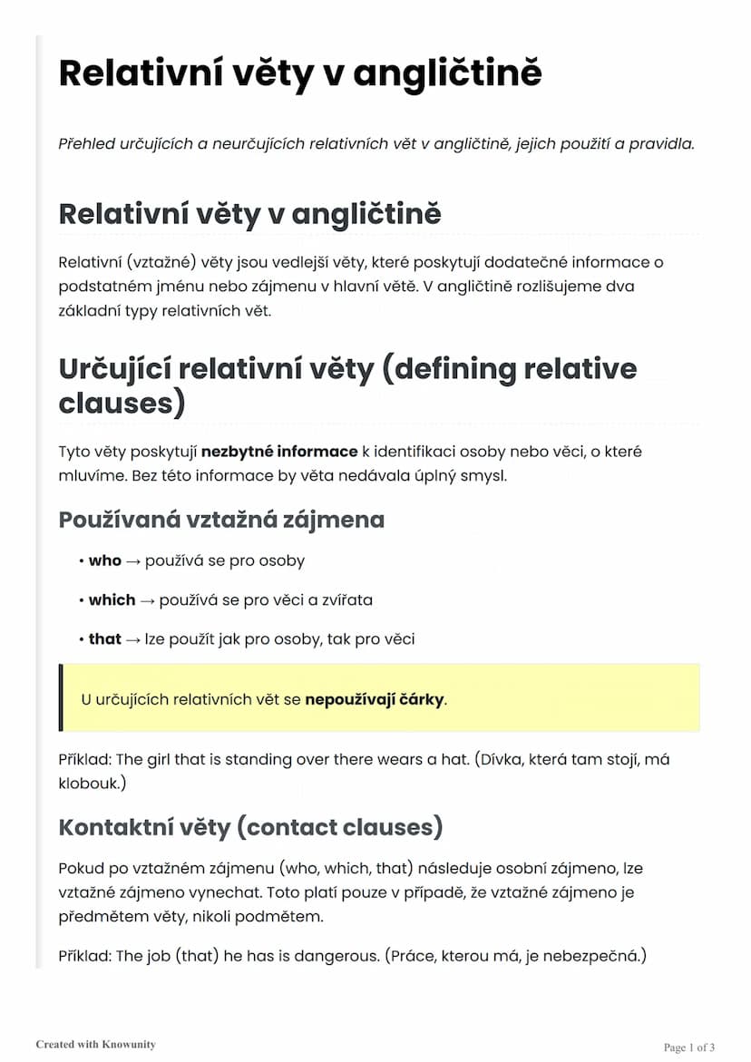 # Relativní věty v angličtině

Přehled určujících a neurčujících relativních vět v angličtině, jejich použití a pravidla.

# Relativní věty 