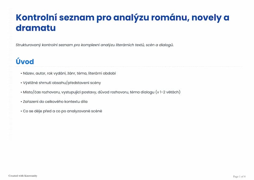 --- OCR Start ---
Kontrolní seznam pro analýzu románu, novely a
dramatu
Strukturovaný kontrolní seznam pro komplexní analýzu literárních tex