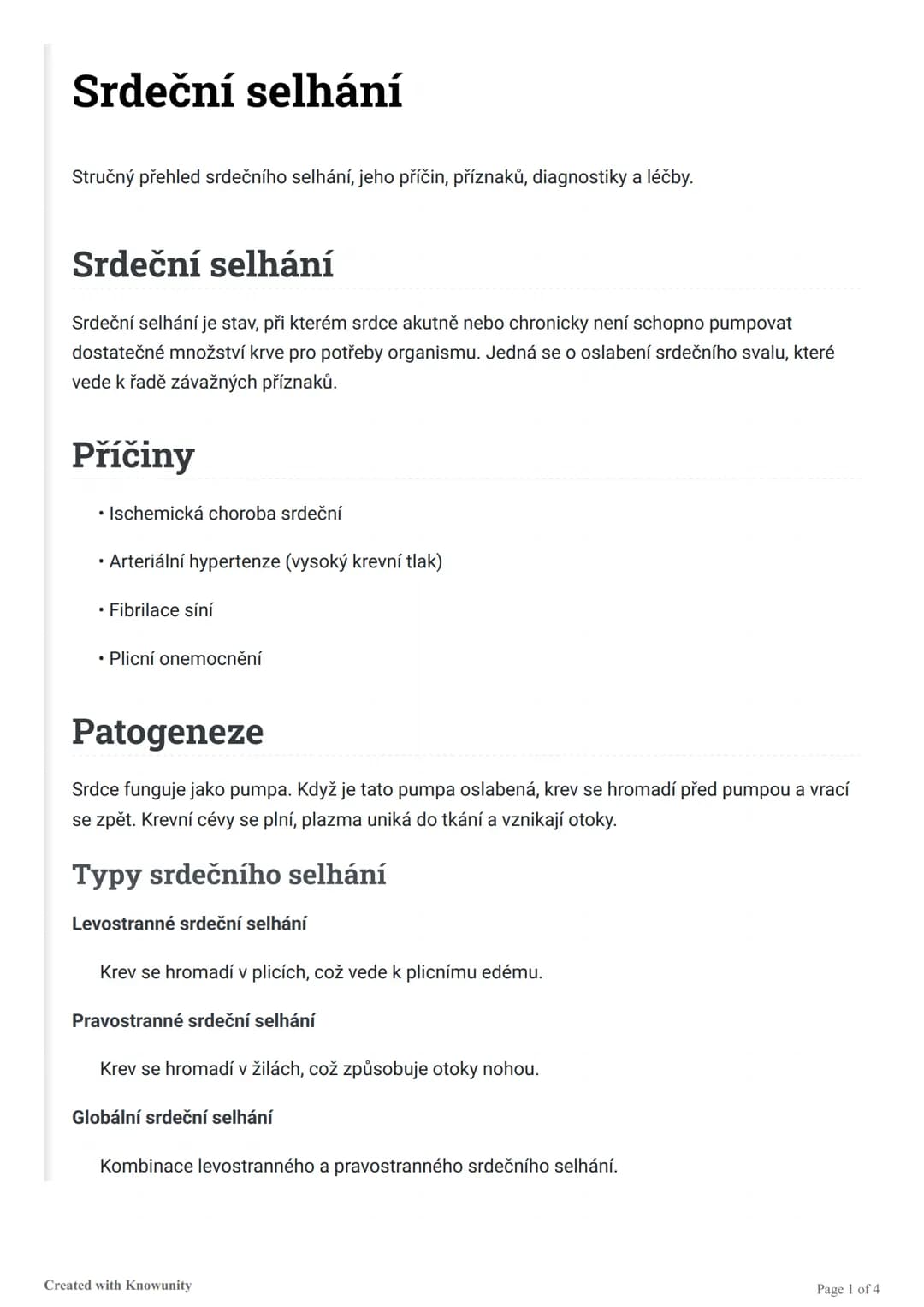 # Srdeční selhání
Stručný přehled srdečního selhání, jeho příčin, příznaků, diagnostiky a léčby.

# Srdeční selhání
Srdeční selhání je stav,