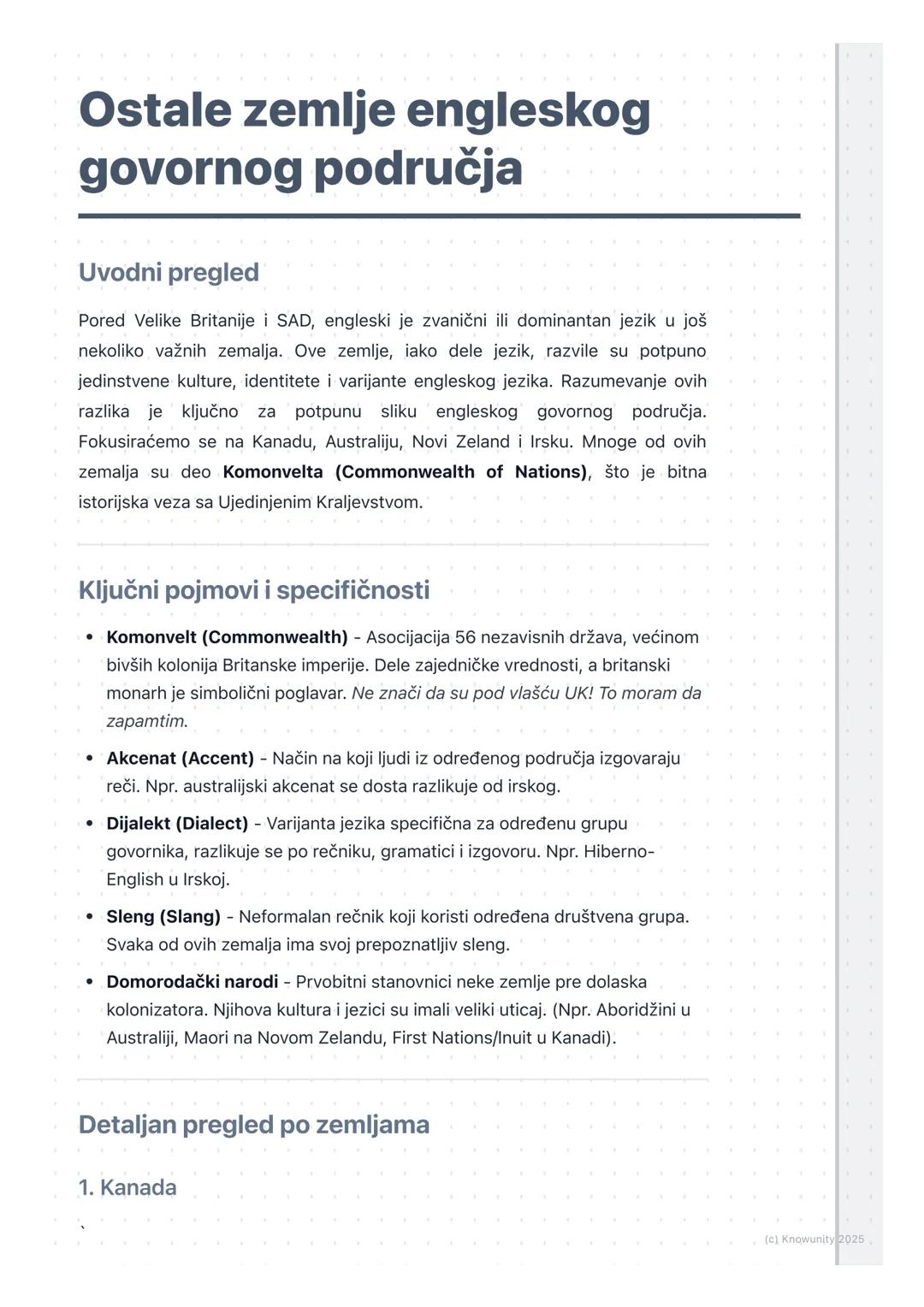 # Ostale zemlje engleskog
govornog područja

Uvodni pregled

Pored Velike Britanije i SAD, engleski je zvanični ili dominantan jezik u još
n