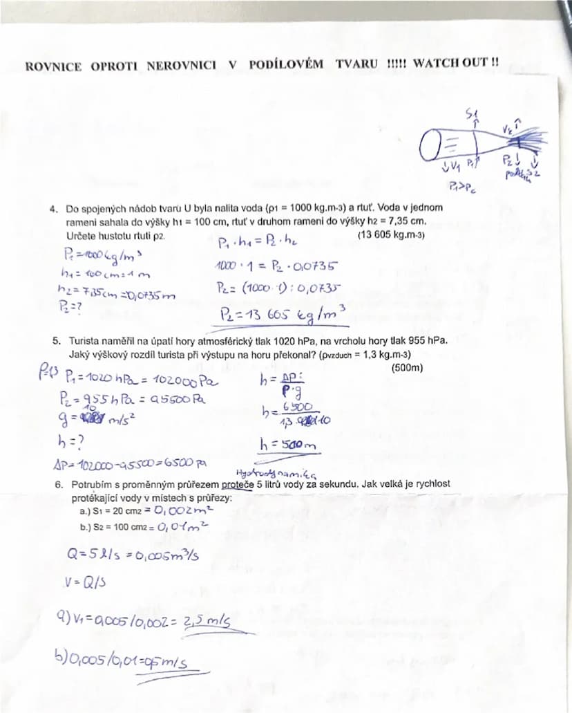 ROVNICE OPROTI NEROVNICI V PODÍLOVÉM TVARU !!!!! WATCH OUT !!
4. Do spojených nádob tvarů U byla nalita voda ($\rho1=1000~kg.m^{-3}$) a rtuť