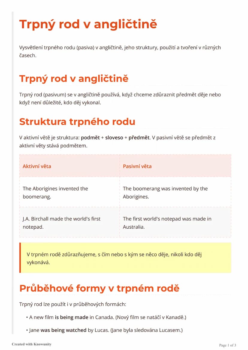 --- OCR Start ---
Trpný rod v angličtině
Vysvětlení trpného rodu (pasiva) v angličtině, jeho struktury, použití a tvoření v různých
časech.
