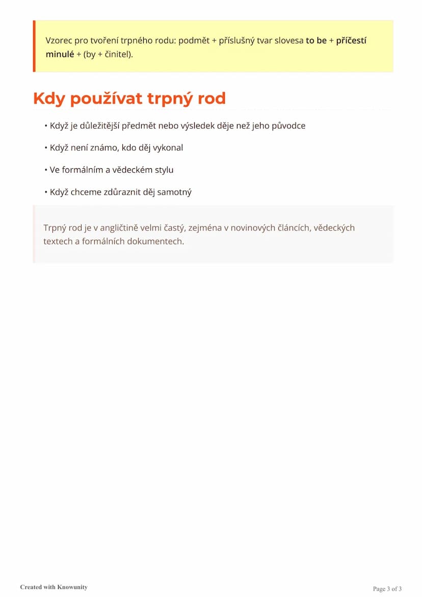 --- OCR Start ---
Trpný rod v angličtině
Vysvětlení trpného rodu (pasiva) v angličtině, jeho struktury, použití a tvoření v různých
časech.

