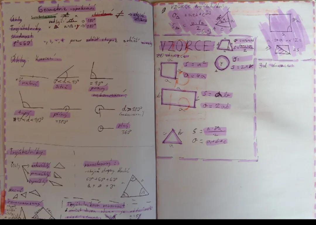 Přehled geometrie pro ZŠ: úhly, trojúhelníky a vzorce