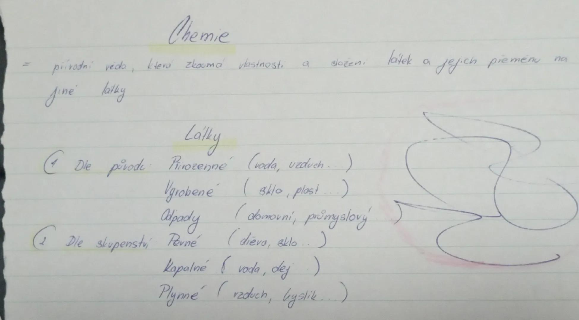 # Chemie

= prírodní veda, ktorá skúma vlastnosti a zloženie látok a ich premeny na iné látky

# Látky

1. Die pôvodu:
- Prirozené (voda, vz