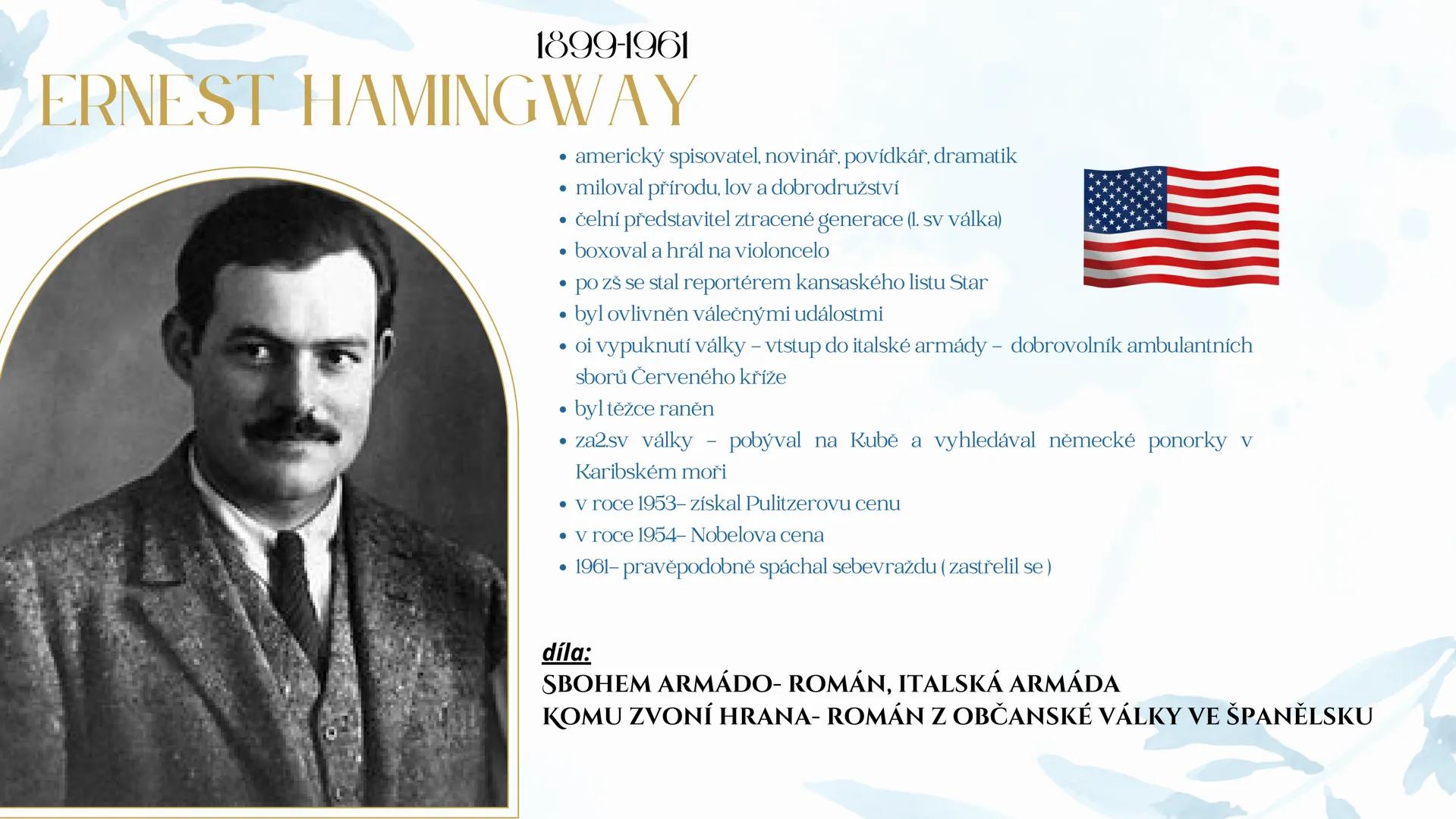 --- OCR Start ---
STAŘEC A MOŘE
ERNEST HEMINGWAY
• lit.druh: epika
• lit. žánr: novela
• lit. forma: proza
• téma: lov ryb
• motiv: žralok,