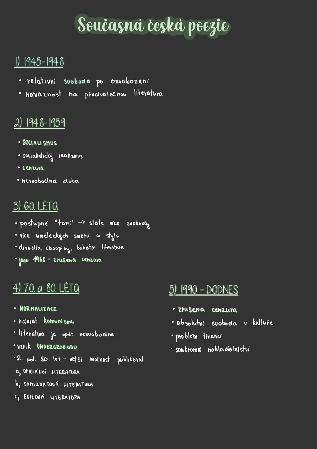 --- OCR Start ---
Současná česká poezie
1) 1945-1948
- relativni svoboda po osvobozeni
- havaznost na předválečnou literatura
2) 1948-1959
-