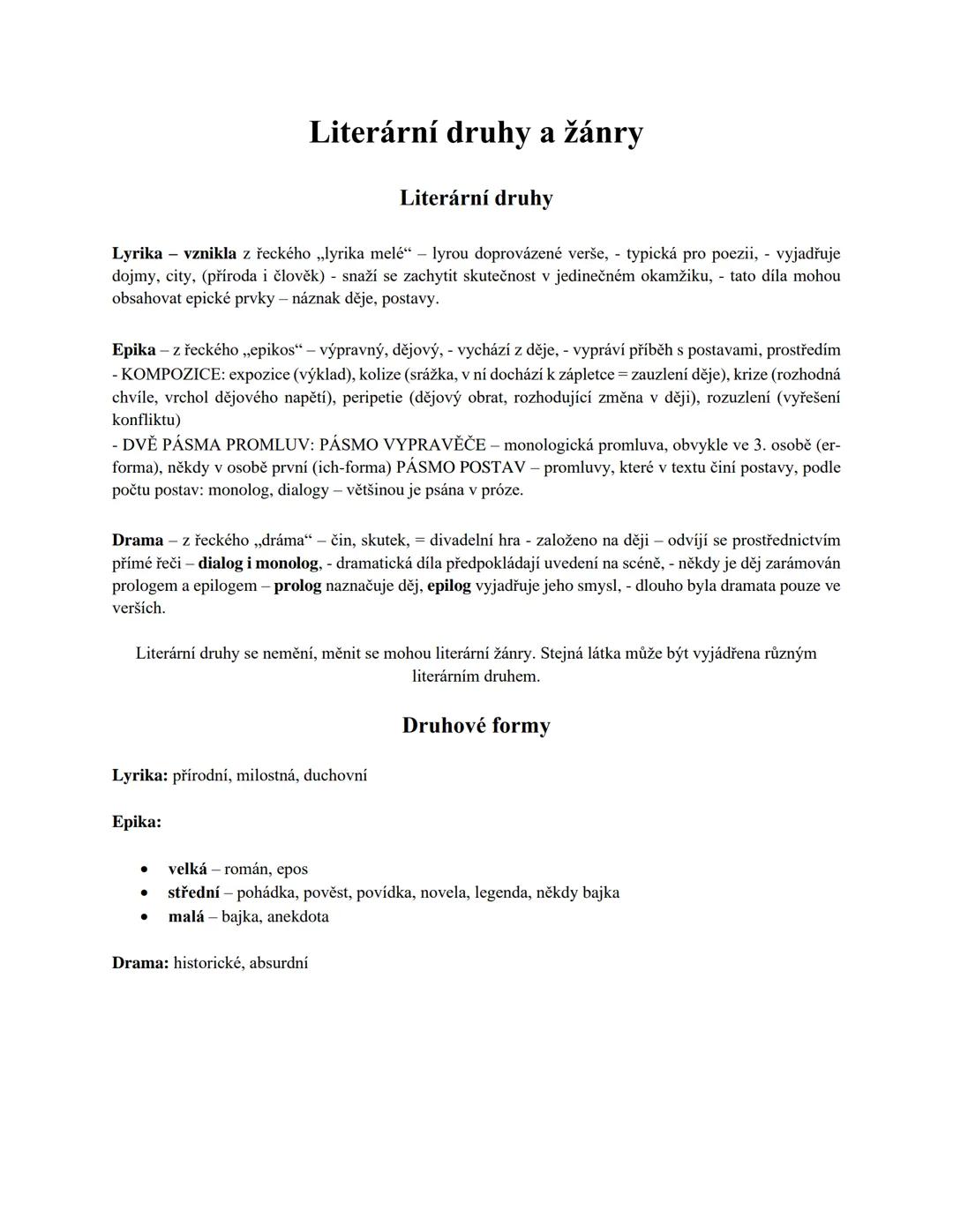 # Literární druhy a žánry
Literární druhy
Lyrika - vznikla z řeckého „lyrika melé" - lyrou doprovázené verše, typická pro poezii, - vyjadř