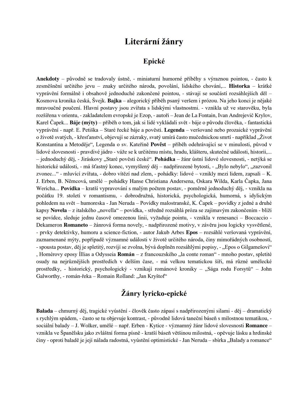 # Literární druhy a žánry
Literární druhy
Lyrika - vznikla z řeckého „lyrika melé" - lyrou doprovázené verše, typická pro poezii, - vyjadř
