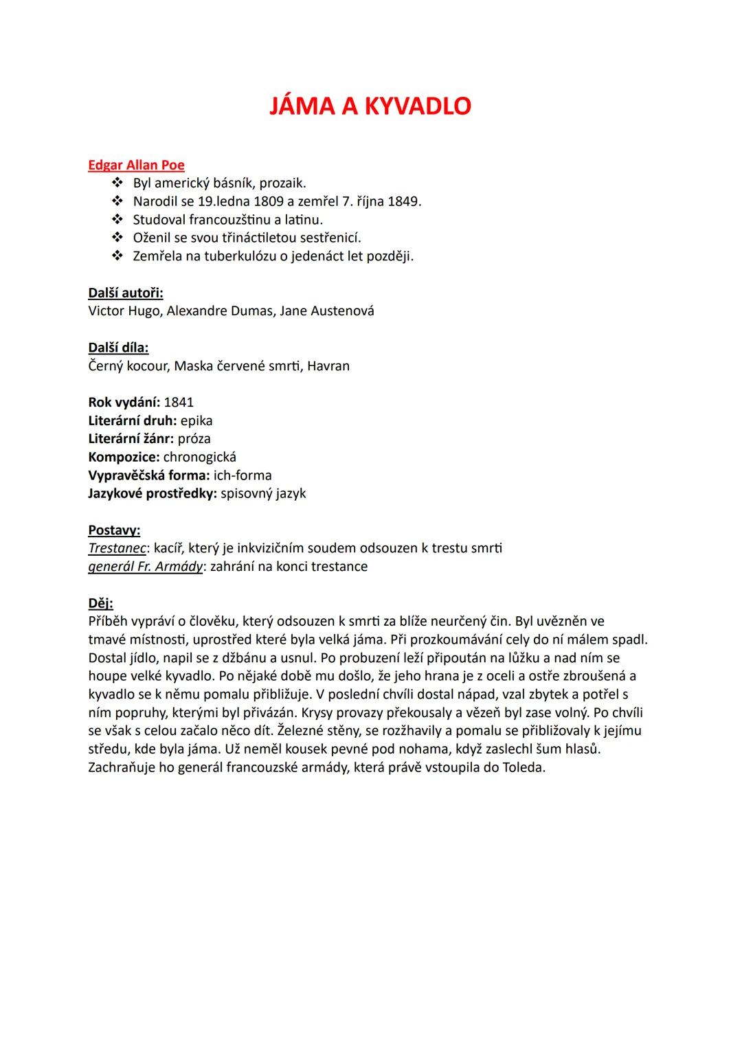 JÁMA A KYVADLO
Edgar Allan Poe
◆ Byl americký básník, prozaik.
◆ Narodil se 19.ledna 1809 a zemřel 7. října 1849.
◆ Studoval francouzštinu a