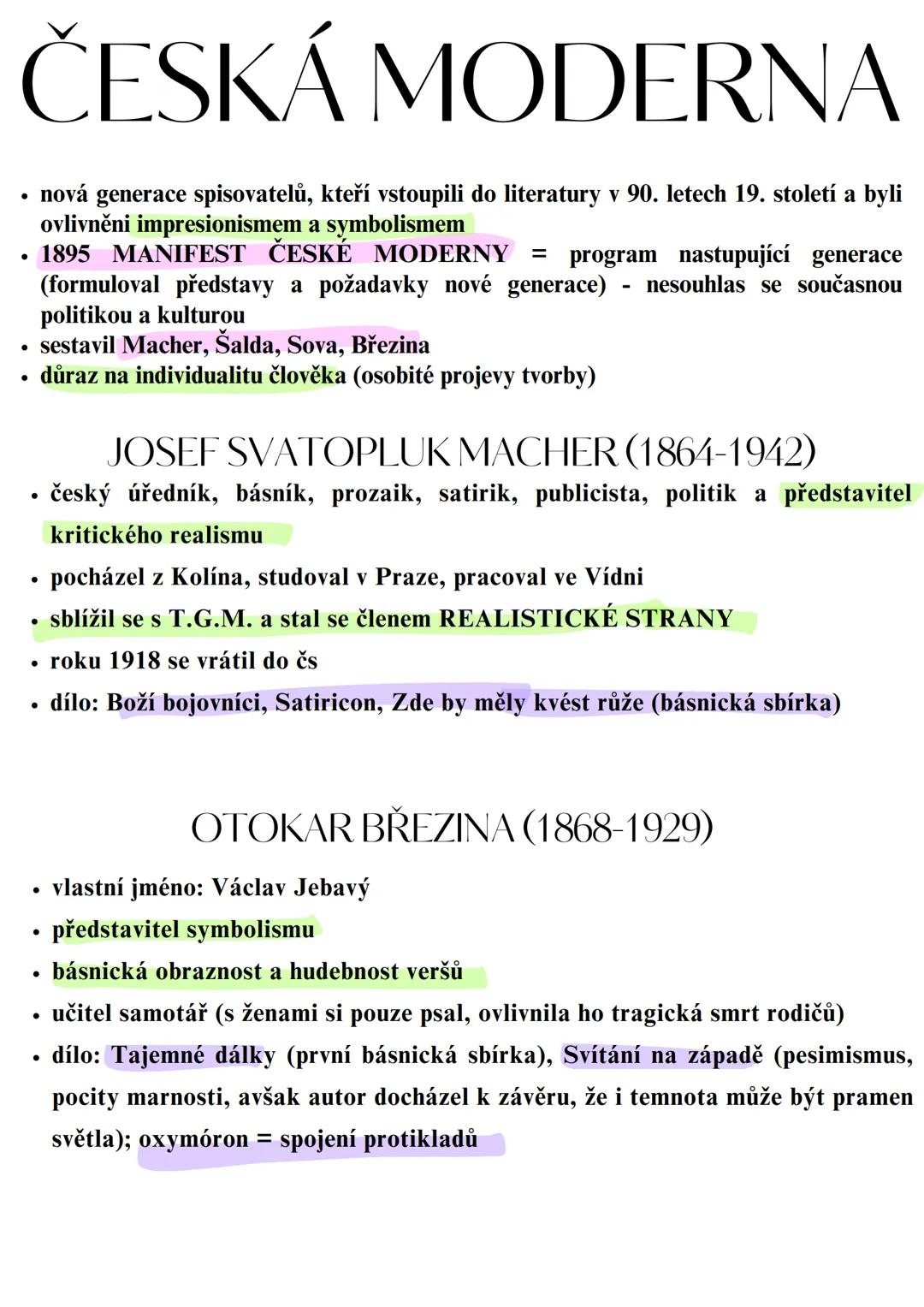 --- OCR Start ---
ČESKÁ MODERNA
• nová generace spisovatelů, kteří vstoupili do literatury v 90. letech 19. století a byli
ovlivněni impresi