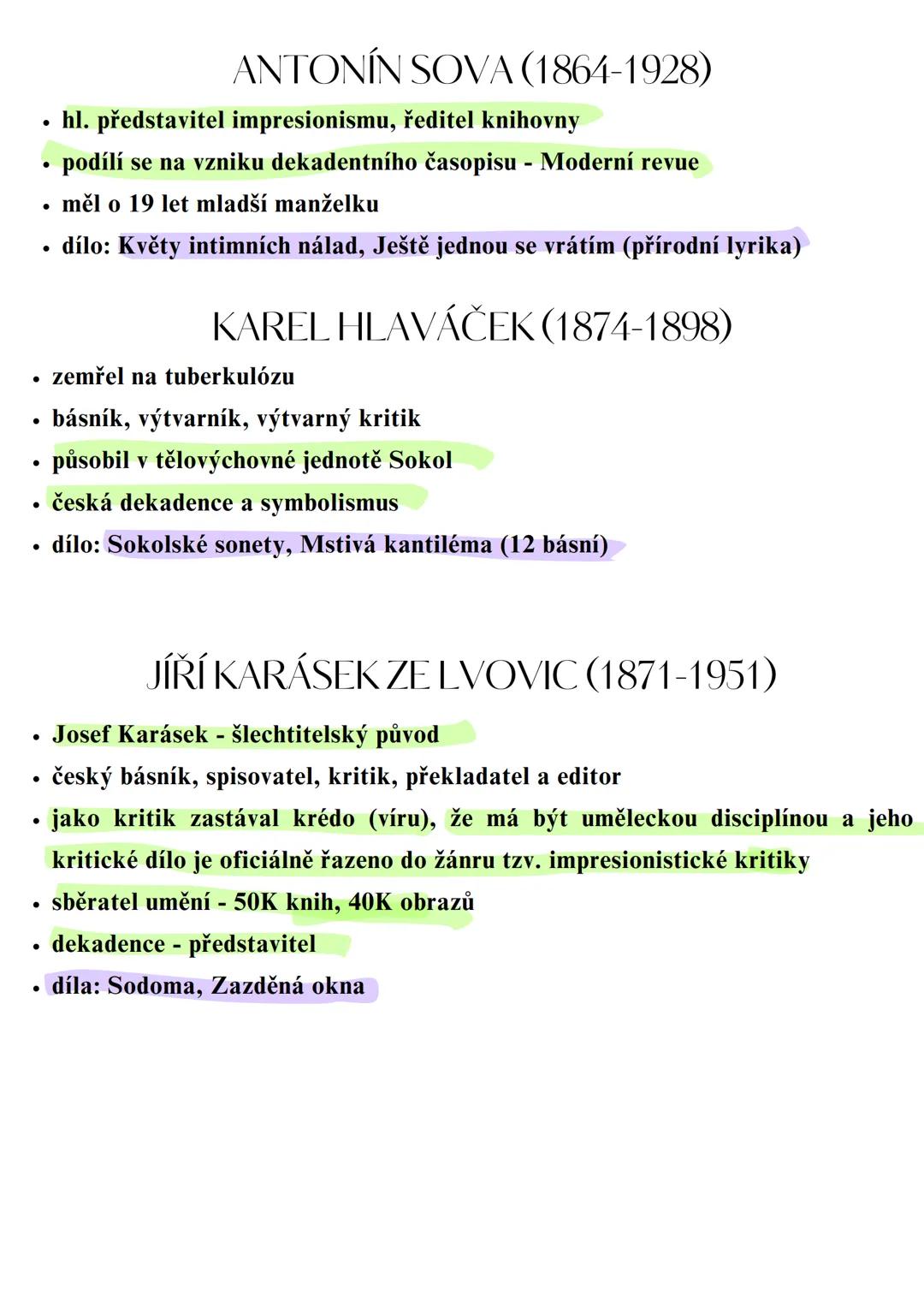 --- OCR Start ---
ČESKÁ MODERNA
• nová generace spisovatelů, kteří vstoupili do literatury v 90. letech 19. století a byli
ovlivněni impresi