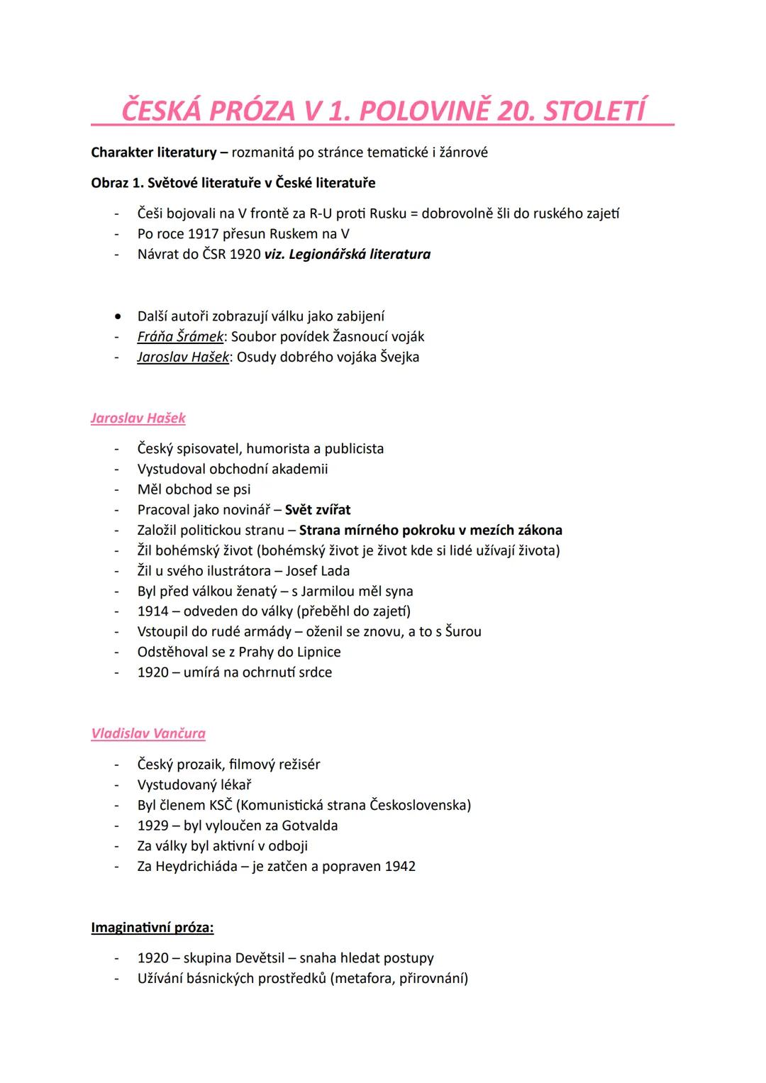 ČESKÁ PRÓZA V 1. POLOVINĚ 20. STOLETÍ
Charakter literatury - rozmanitá po stránce tematické i žánrové
Obraz 1. Světové literatuře v České li