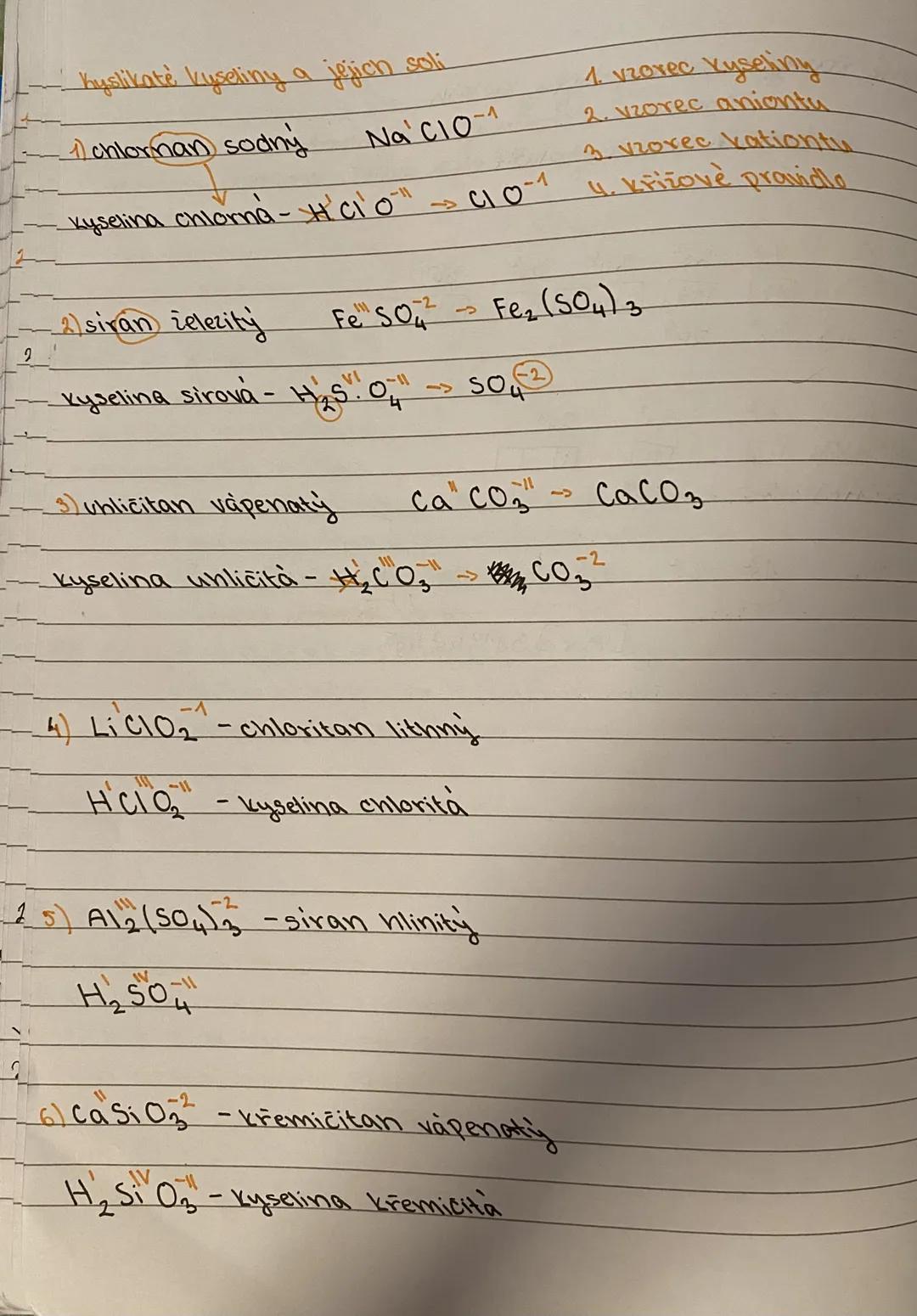 # kyslivate kyseliny a jejich soli
1. vzorec kyseliny
2. vzorec aniontu
3. vzorec kationtu
4. křížové pravidlo
1) chloran sodný $Na^1ClO^