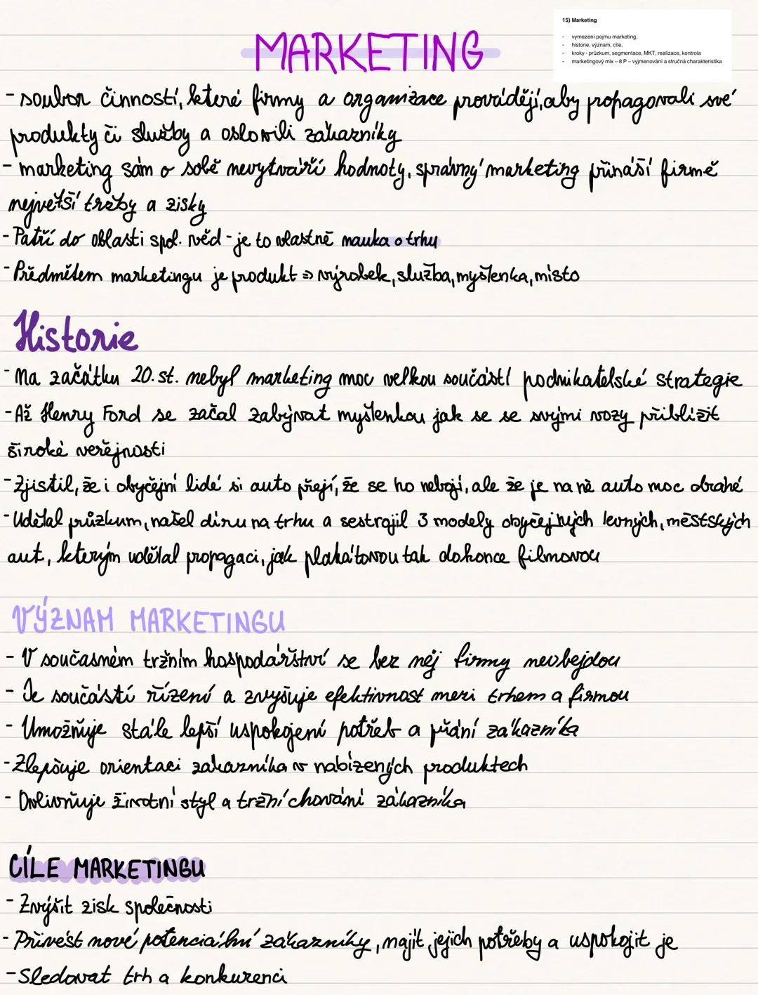 # MARKETING
15) Marketing
- vymezení pojmu marketing.
- historie, význam, cile
- kroky - průzkum, segmentace, MKT, realizace, kontrola
- mar