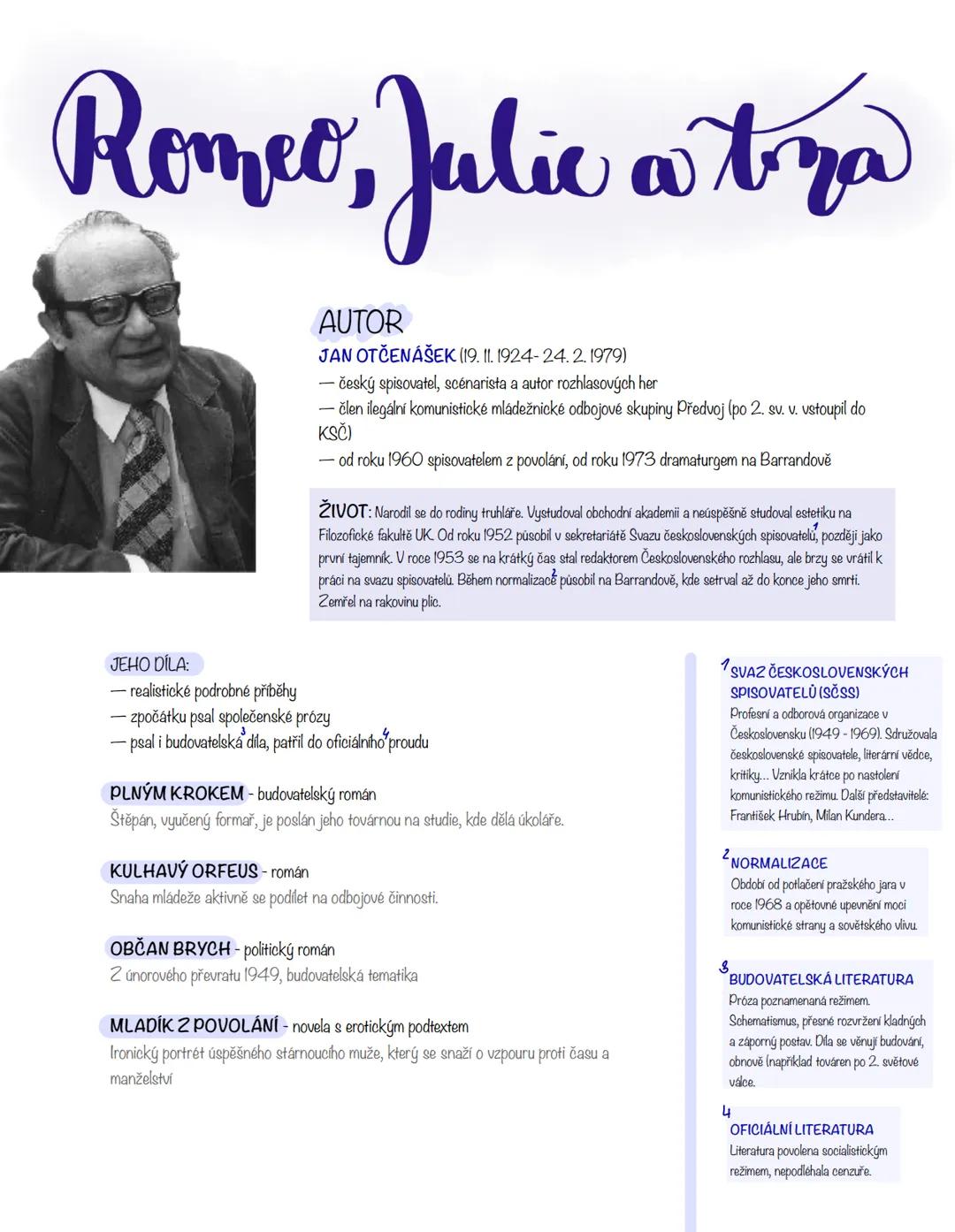 --- OCR Start ---
Romeo, Julic a tra
AUTOR
JAN OTČENÁŠEK (19. 11. 1924-24. 2. 1979)
český spisovatel, scénarista a autor rozhlasových her
-