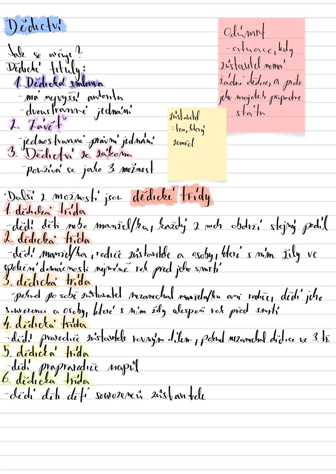 # Dědictví
Jak se určuje?
Dědiche' tituly:
1. Dědicka smlouva
-má nejvyšší antonta
-dvoustranné jednani
2. Zavet
Lustantd
ten, Mery
jed