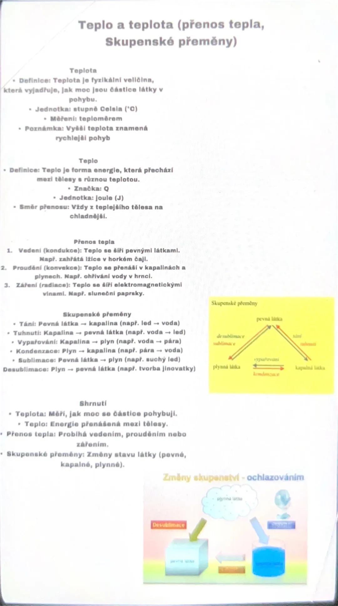 # Teplo a teplota (přenos tepla,
Skupenské přeměny)
## Teplota
- Definice: Teplota je fyzikální veličina,
která vyjadřuje, jak moc jsou čá
